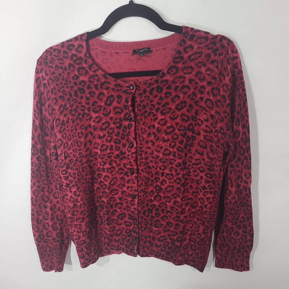 Talbot's Petites Women's Animal Print Sweater Red Black Button Up‎ Long Sleeves
